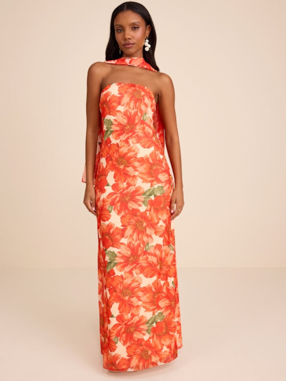 Lulus Rawya Orange Floral Strapless Maxi Dress And Scarf Set - Size S